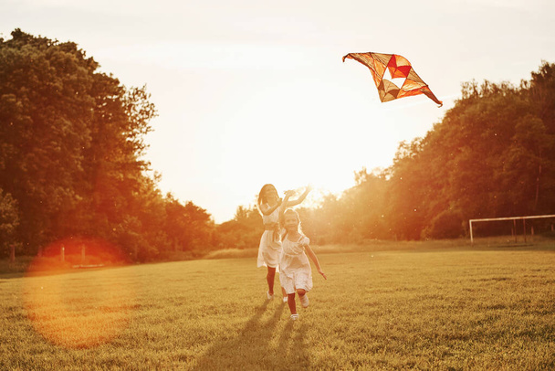 Woman helps girl to control the kite. Mother and daughter have fun in the field. Beautiful nature. - Fotoğraf, Görsel