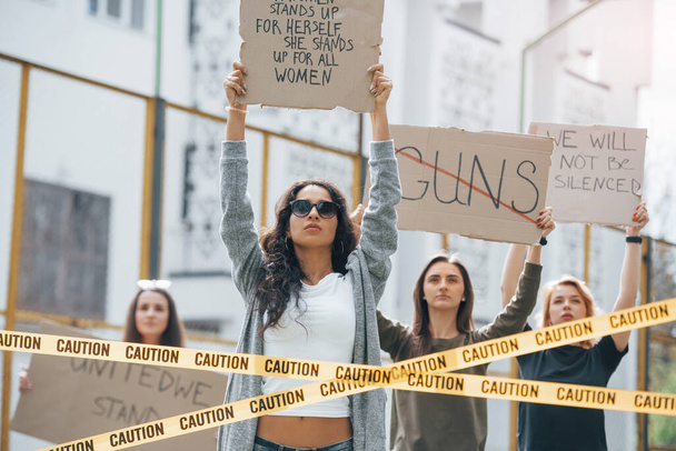 Nice weather. Group of feminist women have protest for their rights outdoors. - Foto, afbeelding