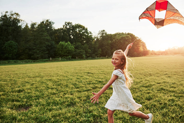 Feeling good. Happy girl in white clothes have fun with kite in the field. Beautiful nature. - Fotó, kép