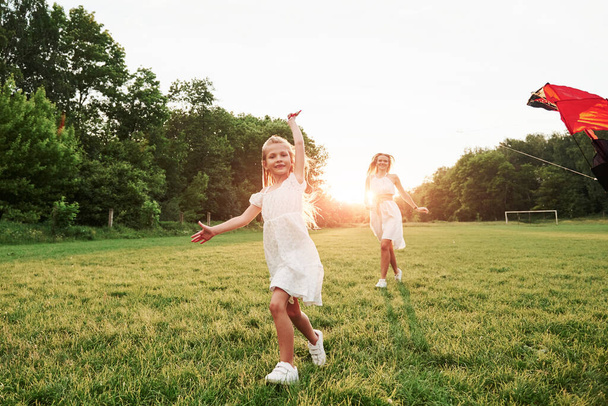 Satisfied look. Mother and daughter have fun with kite in the field. Beautiful nature. - 写真・画像