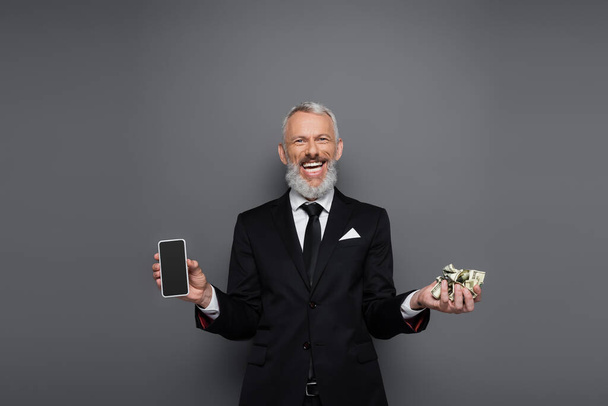 joyful middle aged businessman holding dollar banknotes and smartphone with blank screen on grey - Fotoğraf, Görsel