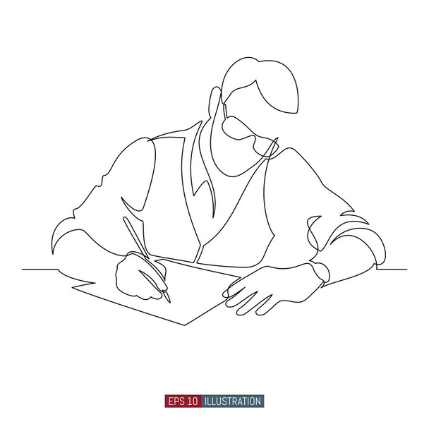 Dessin au trait continu d'un homme avec des lunettes est assis à une table et écrit sur un morceau de papier. Modèle pour vos travaux de conception. Illustration vectorielle. - Vecteur, image