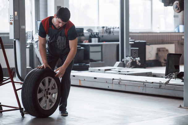 Stand still. Mechanic holding a tire at the repair garage. Replacement of winter and summer tires. - Φωτογραφία, εικόνα