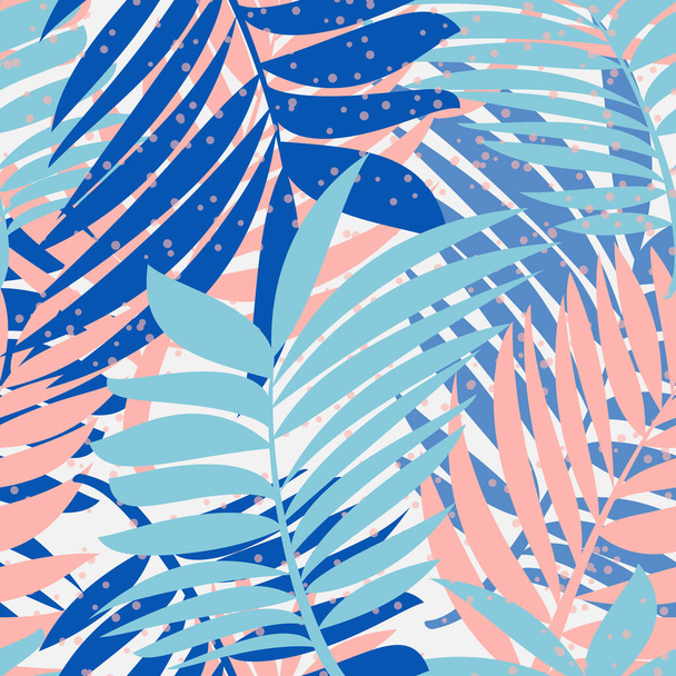 Trooppiset palmunlehdet ovat sinisiä ja vaaleanpunaisia. Saumaton moderni kuvio eksoottisia kasveja tekstiili- ja paperituotteet.  - Valokuva, kuva