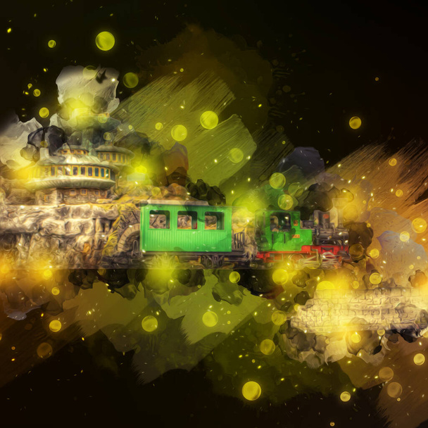 Um viaduto de trem na Polônia com o trem a vapor contra o pôr do sol sobre o lago e montanhas, arte, ilustração, vintage, retro, antiguidade, modelo, miniatura - Foto, Imagem