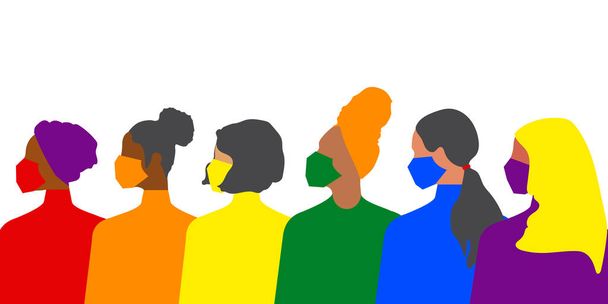 Women in medical masks of different nationalities. The concept of social distance during the coronavirus quarantine period. LGBT Pride Month. Rainbow love concept. Human rights and tolerance.  - Photo, Image