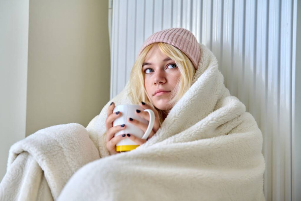 Young female teenager warming herself with blanket, heating radiator, hot tea - Fotografie, Obrázek
