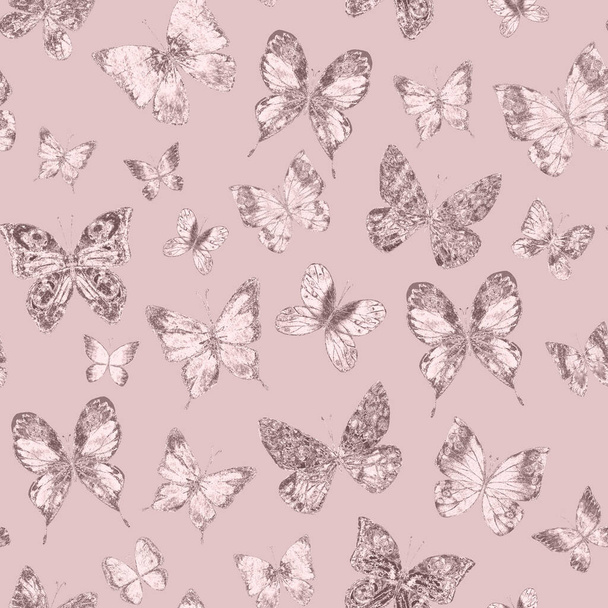 Butterflies pastel pink glittering luxury seamless pattern background. Hand drawn butterfly glitter shiny endless texture. Print for fabric design, wallpaper, wrapping paper. - 写真・画像
