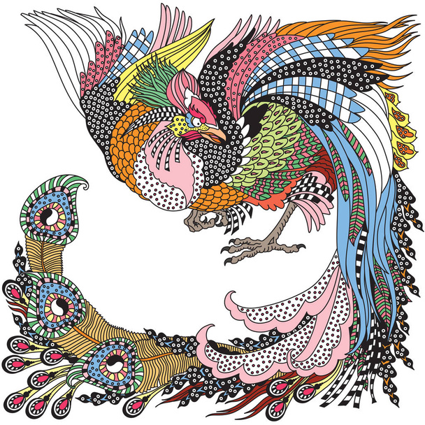 Chinese phoenix or Feng Huang Fenghuang mythological bird. One of celestial feng shui animals. Graphic style vector illustration - Vektör, Görsel