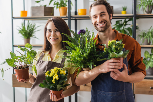 Cheerful florists holding plants in flower shop  - Photo, Image
