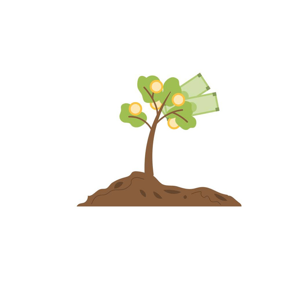 Płaskie drzewo kreskówki małe pieniądze, inwestycje finansowe metafora wektor ilustracji pojęcie - Wektor, obraz