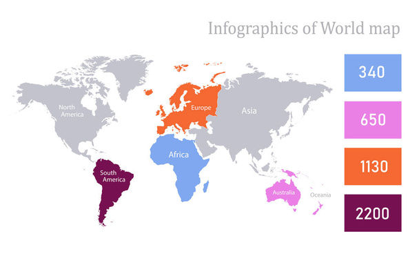 Infographics of World map, individual continents vector - Вектор, зображення