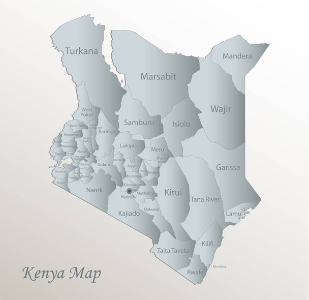 Kenya térkép, adminisztrációs részleg nevekkel, fehér kék kártya papír 3D vektor - Vektor, kép