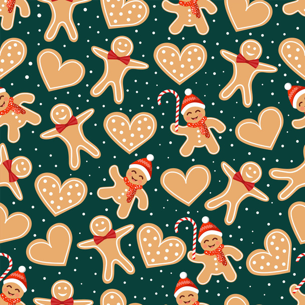 Karácsonyi textúra mézeskalács sütikkel, sütikkel és édességekkel. Vektor illusztrációja Boldog Karácsonyt és Boldog Új Évet. Zökkenőmentes minta. Téli szünet - Vektor, kép