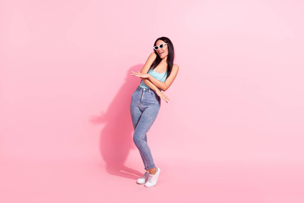 Full length body size photo woman in sunglass dancing relaxing on holidays isolated pastel pink color background - Photo, Image
