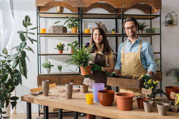 Smiling florists in aprons holding box with ground and plant in flower shop  - Photo, Image
