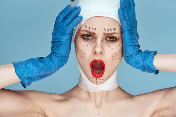 a person Red lips plastic surgery operation bare shoulders isolated background - Foto, Bild