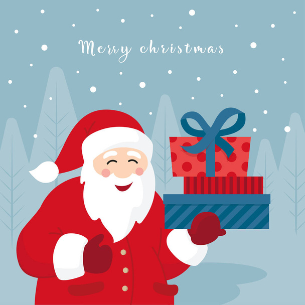 Christmas card. New Year card. Santa Claus with gifts. Vector image.  - Vettoriali, immagini