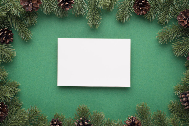 Фото бумажного листа и сосновых ветвей с конусами на изолированном зеленом фоне с копирайтом - Фото, изображение