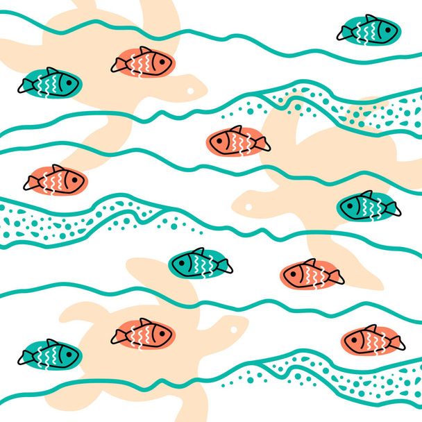 Fish and turtles. Illustration depicting the underwater world, waves and bubbles. Stylized vector pattern. - Vektör, Görsel