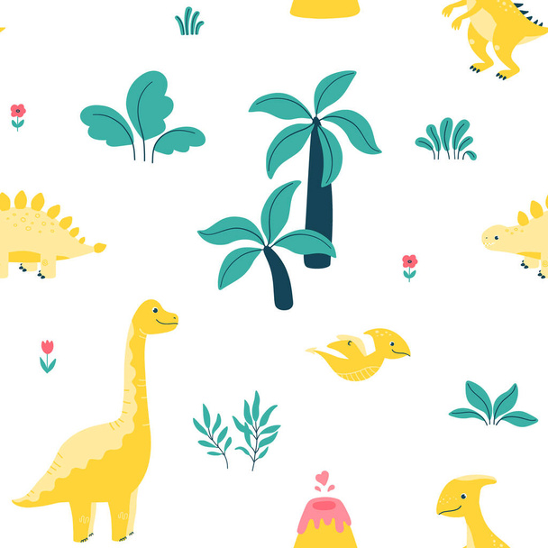 Векторный бесшовный узор с милыми динозаврами, пальмами, листьями и цветами на белом фоне - Вектор,изображение