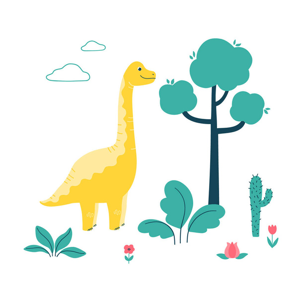 Милый динозавр с листьями, цветами, деревом, облаками. Характер выделен на белом фоне. Векторная иллюстрация - Вектор,изображение