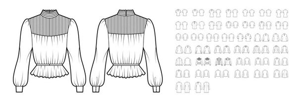 Set von Blusen, Oberteilen, Hemden technische Mode Illustration mit taillierten übergroßen Körper, kurze Ellenbogen langen Ärmeln. Flach - Vektor, Bild
