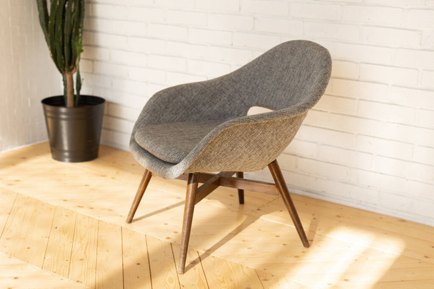 Acogedor sillón gris y planta verde en maceta. Concepto de interior y mobiliario. - Foto, Imagen