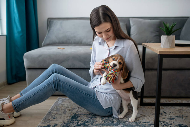 Young dark-haired woman playing with her cute puppy - 写真・画像