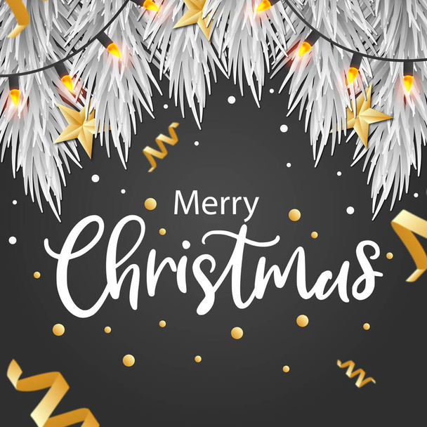 Christmas background with shining New Year garlands. Lettering Merry Christmas card - illustration - Φωτογραφία, εικόνα