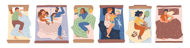 Mannen en vrouwen slapen op kussens in bed thuis, gezet - Vector, afbeelding