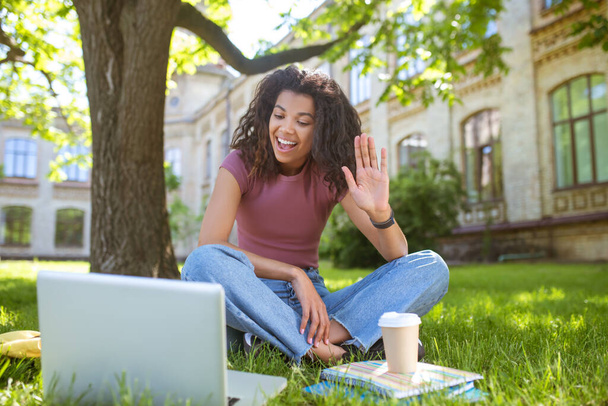 A smiling excited girl sitting on the grass and hjaving a video call - Fotó, kép