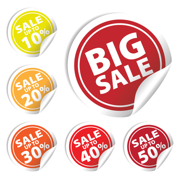 Etiquetas de venta grande con venta de hasta 10 - 50 por ciento de texto en etiquetas de círculo
 - Vector, imagen