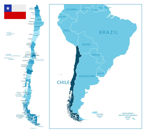 Chile - mapa azul altamente detallado. Ilustración vectorial - Vector, imagen