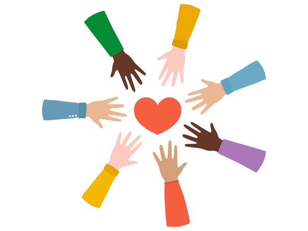 Diferentes manos llegan al corazón. Ilustración conceptual vectorial para compartir el amor, ayudar a los demás, caridad. - Vector, Imagen