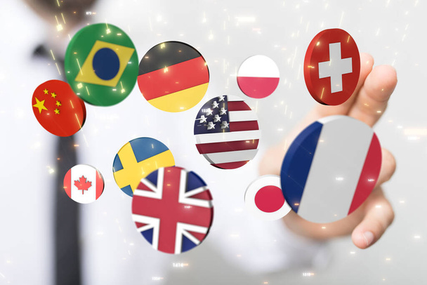 Uma foto abstrata de bandeiras renderizadas em 3D de todos os países do mundo em um espaço de rede global - Foto, Imagem