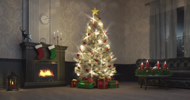 Árbol de Navidad brillante decorado con corazones y bolas en la sala de estar con chimenea en bucle de tiempo. Vacaciones de invierno 4k animación interior. - Metraje, vídeo