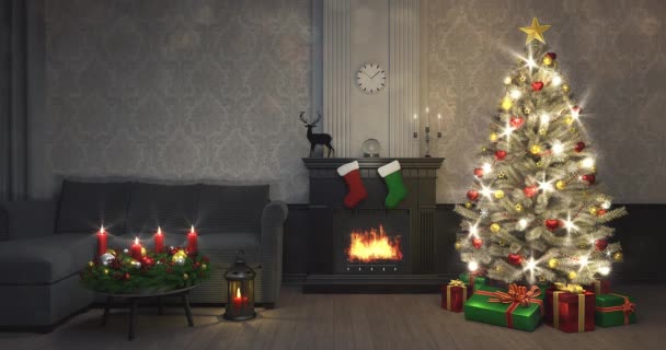 Schitterende kerstboom versierd met hartjes en lichtjes in de woonkamer met open haard in tijdlus. Wintervakantie 4k interieur animatie. - Video