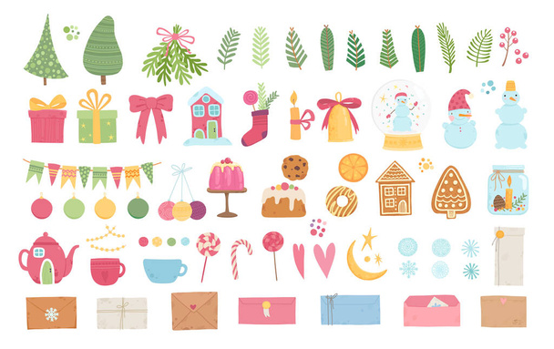 Collection of beautiful icons and decorations for Christmas tree. Set of holiday gingerbread, fir tree, ornaments, animals, Santa, snowman, gold bell. Colored vector illustration in flat cartoon style - Вектор, зображення