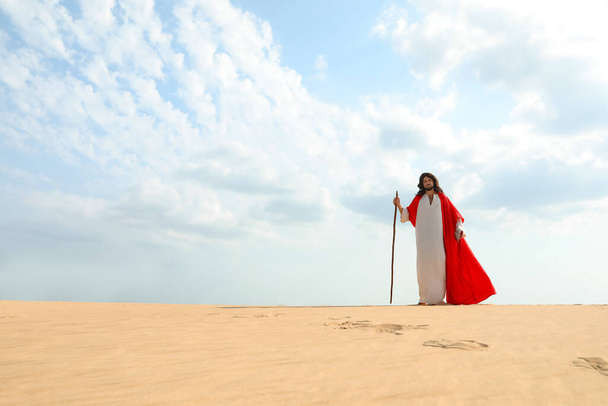 Jesus Christ walking with stick in desert. Space for text - Photo, image