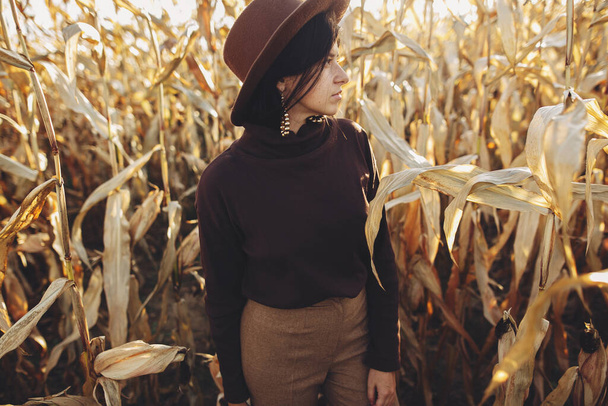 Красива стильна жінка в коричневому капелюсі і вбранні позує в осінньому кукурудзяному полі в теплому сонячному світлі. Модна приваблива молода жінка, що стоїть в кукурудзі в осінній сезон в сільській місцевості
 - Фото, зображення