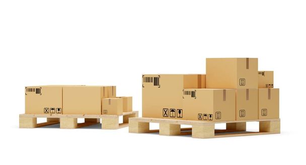 Carton cardboard boxes on two wooden pallets over white background, freight, cargo, delivery or storage concept, 3D illustration - Foto, Bild