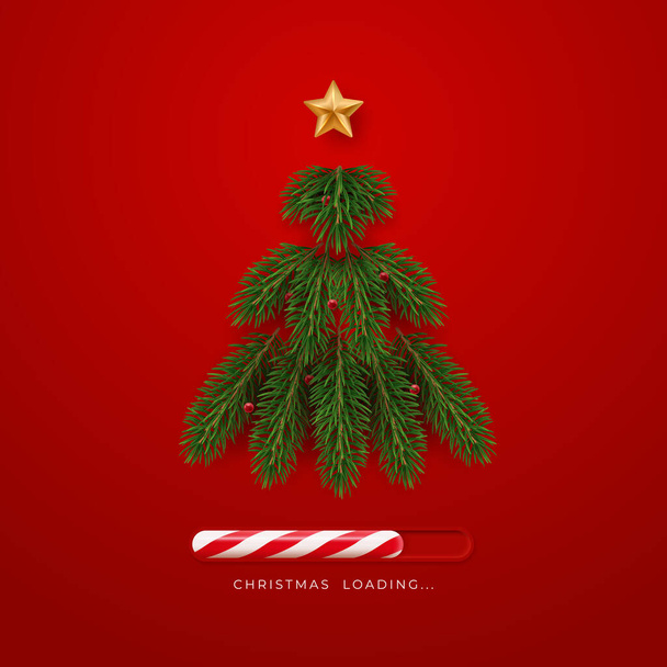 Abeto realista hecho de ramas decoradas con estrellas y bolas rojas. La Navidad está cargando. Año nuevo ilustración de la tarjeta conceptual sobre fondo rojo - Vector, Imagen