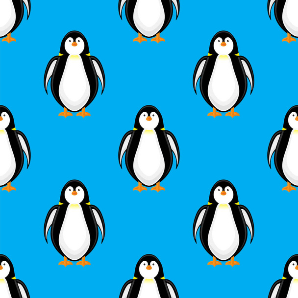 Niedliche Pinguin-Ikone auf blauem Hintergrund. Nahtloses Muster - Vektor, Bild