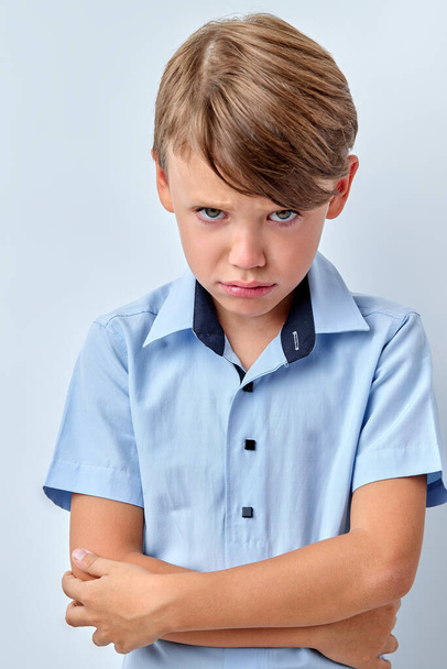 Sad Offended Little Boy Posing Isolated On White Background, Portrait - 写真・画像