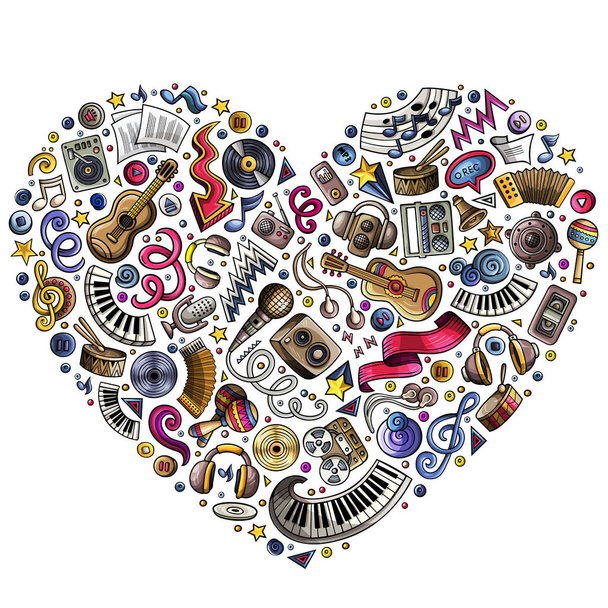 Красочный растровый набор музыкальных мультяшных каракулей, предметов, символов - Фото, изображение