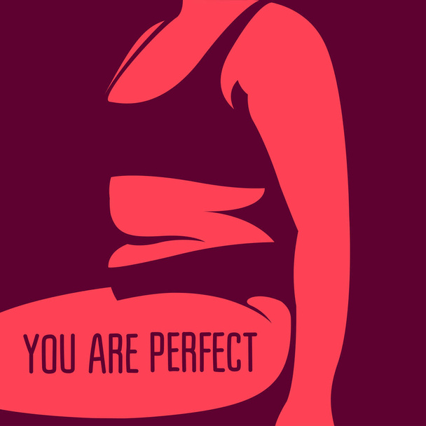 vector trendy image on the theme of body positivity. silhouette of a fat girl who is not shy of fat folds on her body in pink colors. text on the hip "you are perfect". love yourself and your body. - Vector, Image