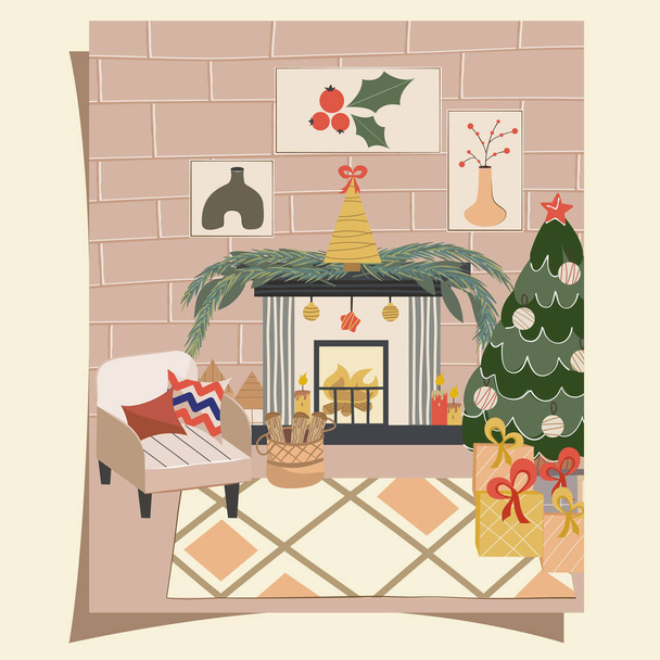 Уютная рождественская гостиная с елкой, камином и креслом в скандинавском стиле на открытке или плакате. Новогодние украшения, гирлянды, носки и подарки.. - Вектор,изображение