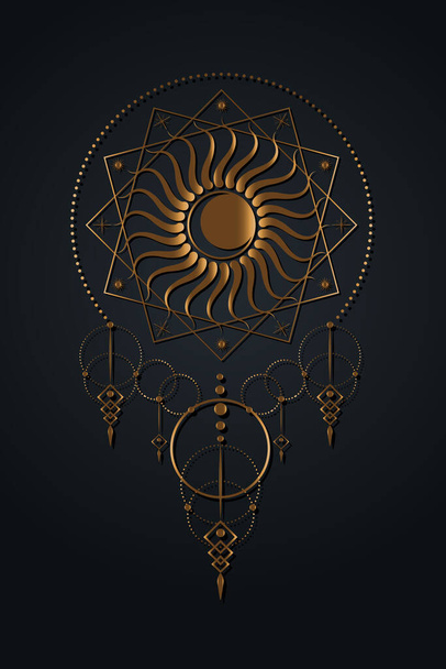 Шаблон логотипа Луны и Солнца, Сакральная геометрия, стиль бохо, икона Золотая Викка, символ лучевых лучей, концепция стиля татуировки Бога и Богини, масонская символика, вектор на черном фоне - Вектор,изображение