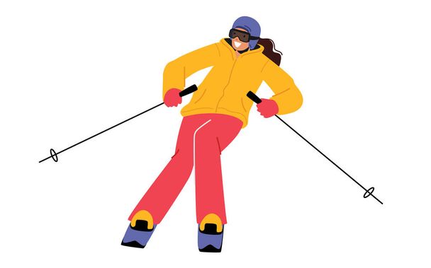 Girl Riding Downhills by Skis tiene diversión y tiempo libre durante el invierno. Deportes de invierno Actividad y tiempo libre, Esquí femenino - Vector, imagen